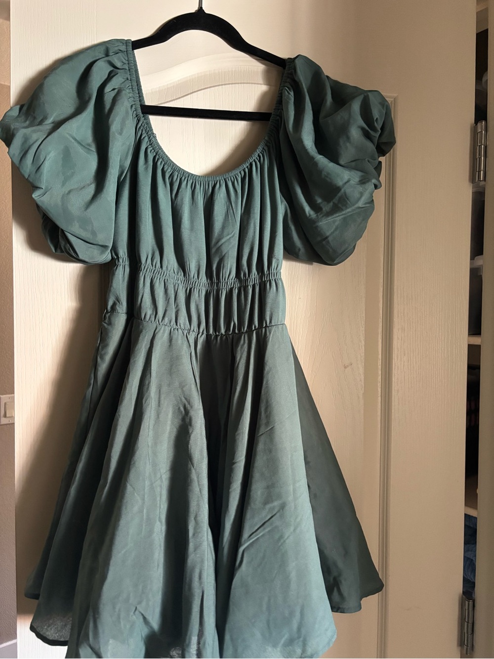 Women's Puff Sleeve Fit-and-Flare Dress in Sage Green